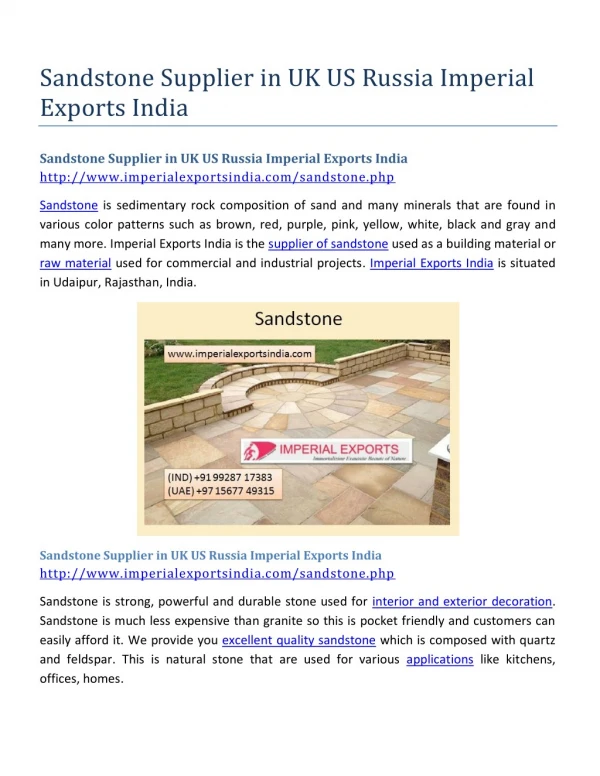 Sandstone Supplier in UK US Russia Imperial Exports India