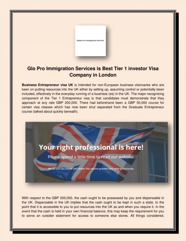 Glo Pro Immigration Services is Best Tier 1 investor Visa Company in London