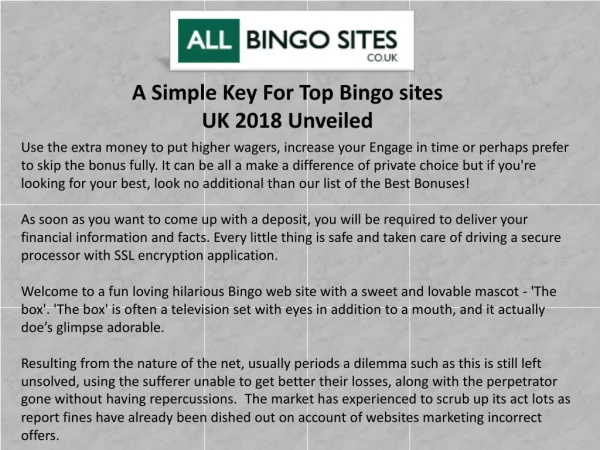 A Simple Key For Top Bingo sites UK 2018 Unveiled