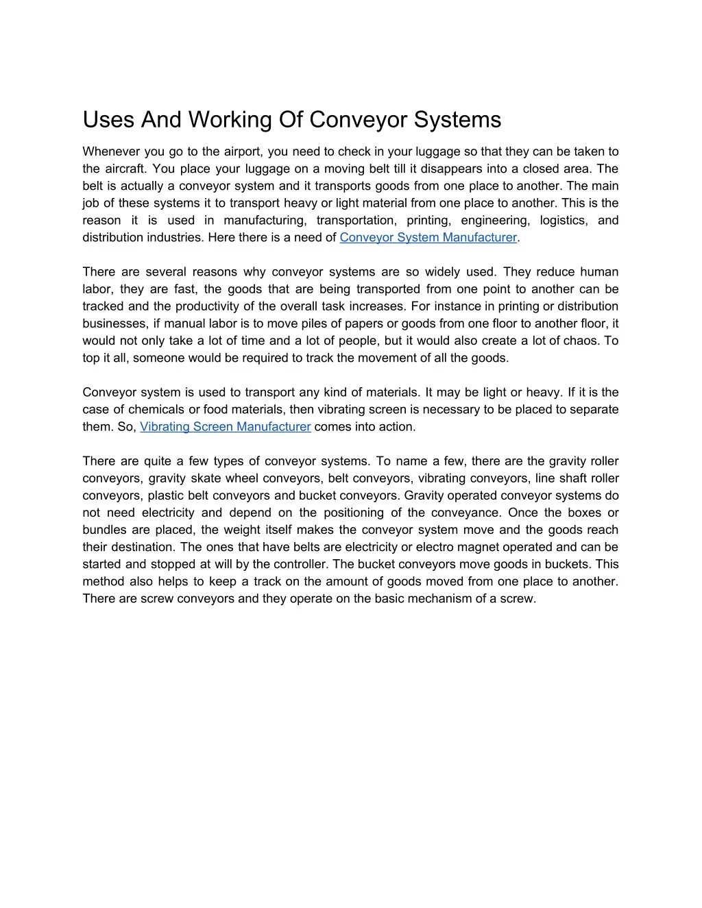 uses and working of conveyor systems
