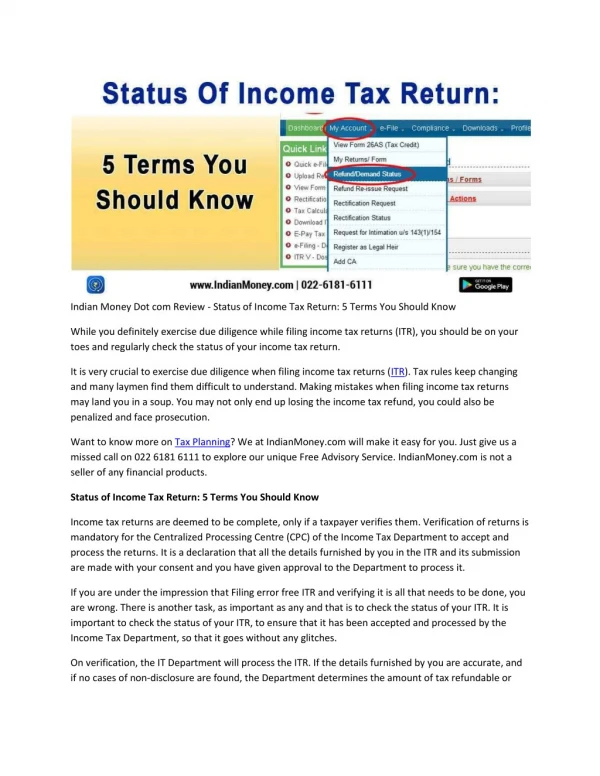 Indian Money Dot com Review - Status of Income Tax Return: 5 Terms You Should Know