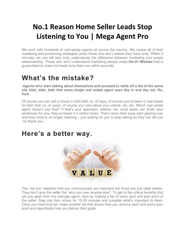 No.1 Reason Home Seller Leads Stop Listening to You | Mega Agent Pro