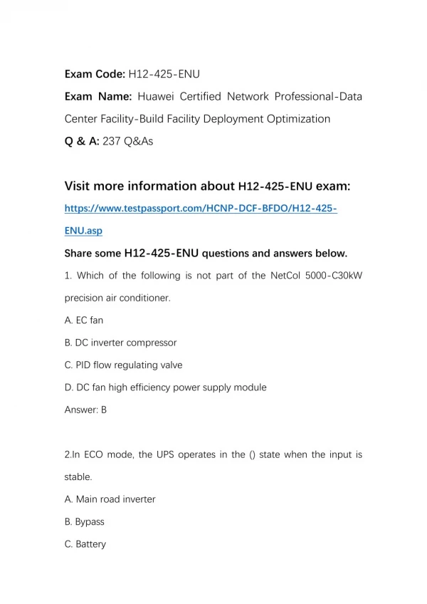 2018 Testpassport Huawei H12-425-ENU Questions