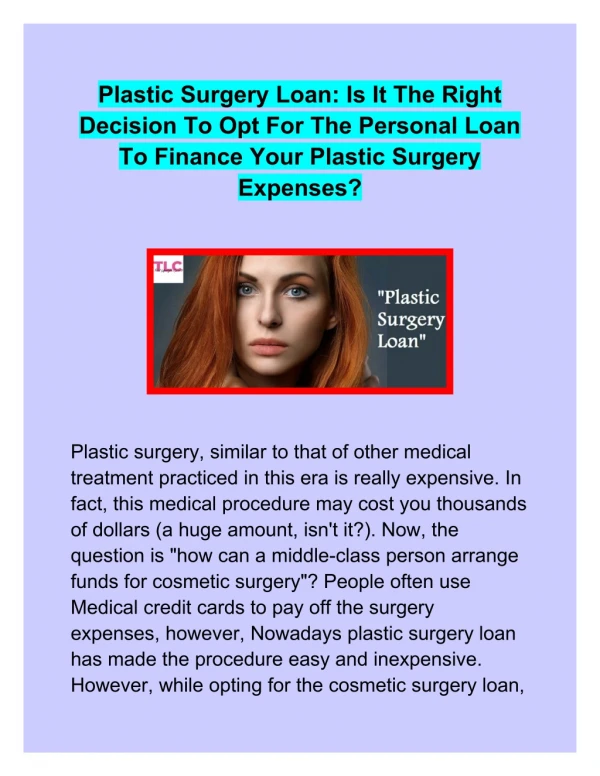 Can you opt for personal loan to finance your plastic surgery?