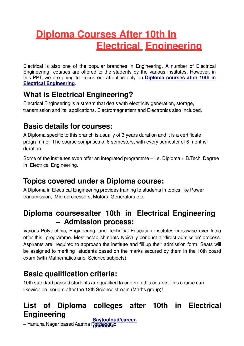 diploma courses after 10th in electrical engineering