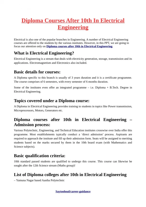 Diploma Courses After 10th In Electrical Engineering
