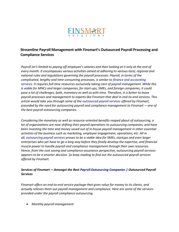 Streamline Payroll Management with Finsmart’s Outsourced Payroll Processing and Compliance Services