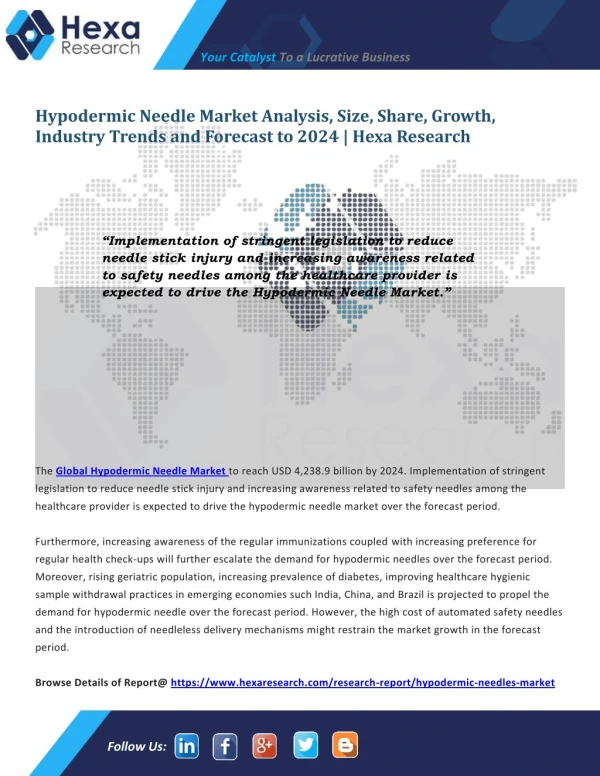 Global Hypodermic Needles Market Survey, Reviews, Analysis and Forecast to 2024 | Hexa Research