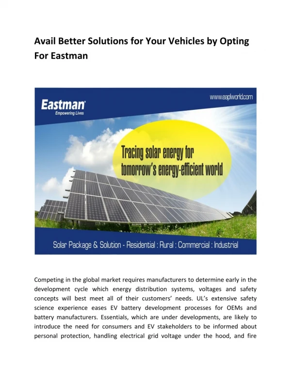 Avail Better Solutions for Your Vehicles by Opting For Eastman