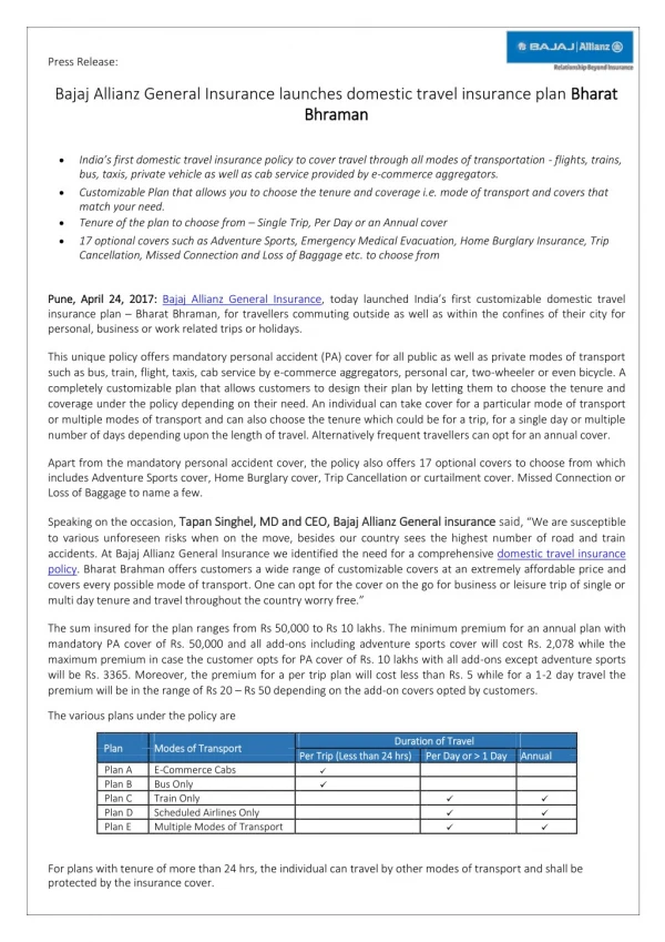 Bharat Bhraman - Domestic Travel Insurance Plan by Bajaj Allianz