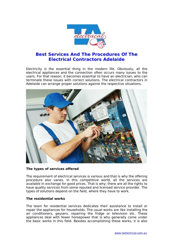 Best Services And The Procedures Of The Electrical Contractors Adelaide
