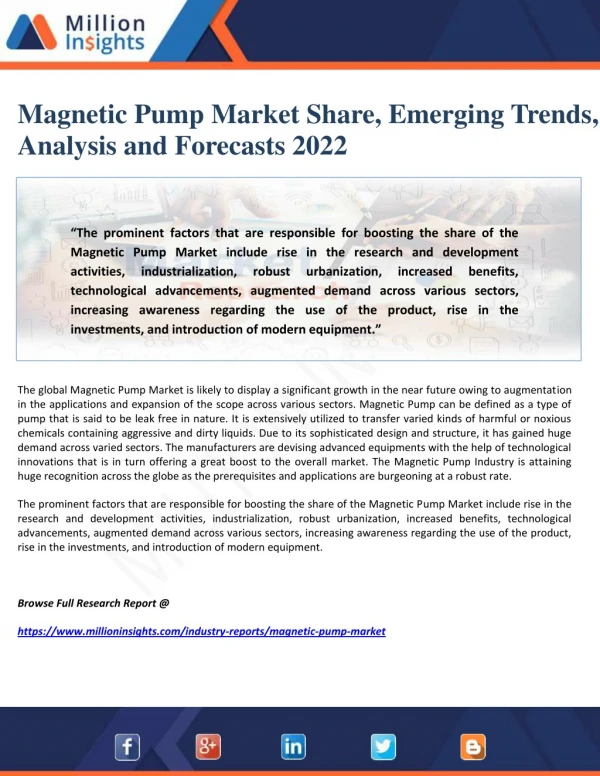 Magnetic Pump Market Share, Emerging Trends, Analysis and Forecasts 2022