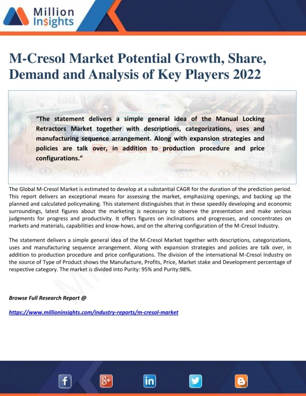 M-Cresol Market Potential Growth, Share, Demand and Analysis of Key Players 2022