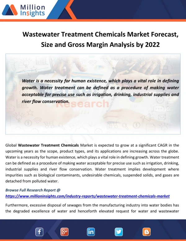 Wastewater Treatment Chemicals Market Outlook, End Users Analysis and Share by Type to 2022