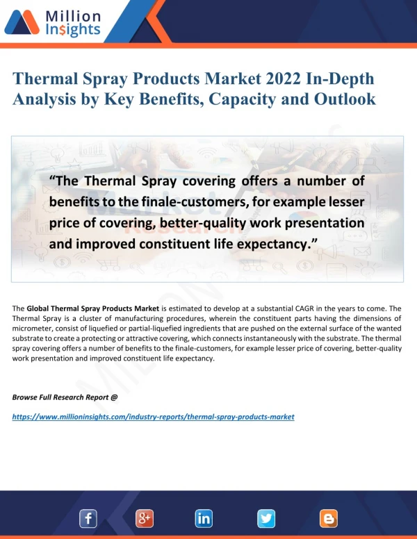 Thermal Spray Products Market 2022:- Driving Factors, Top Players