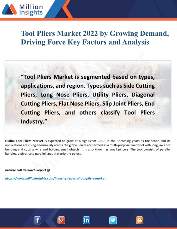 Tool Pliers Market 2022 Overview by Trending Manufacturer, Dynamics