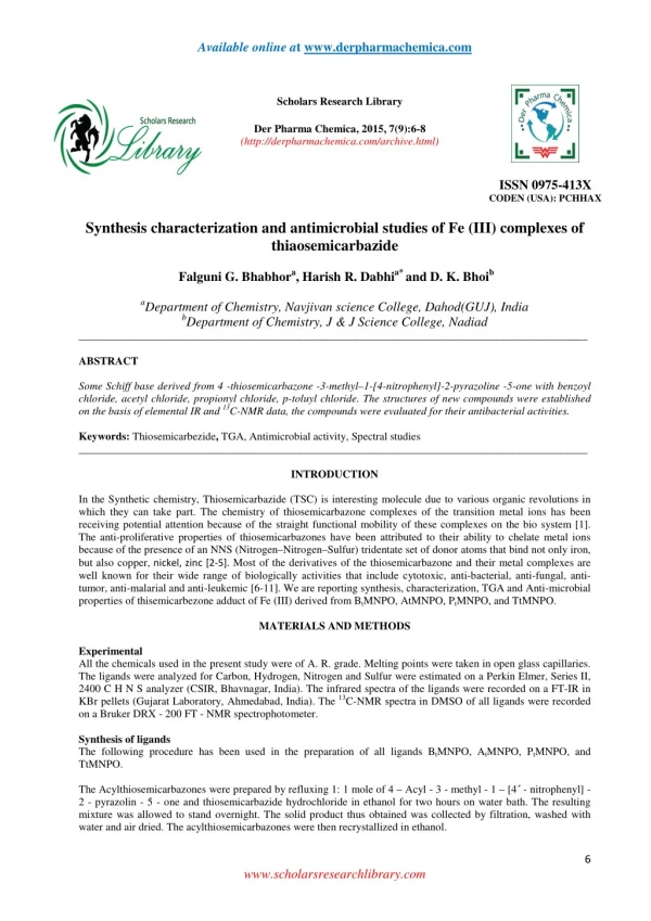 Synthesis characterization and antimicrobial studies of Fe (III) complexes of thiaosemicarbazide