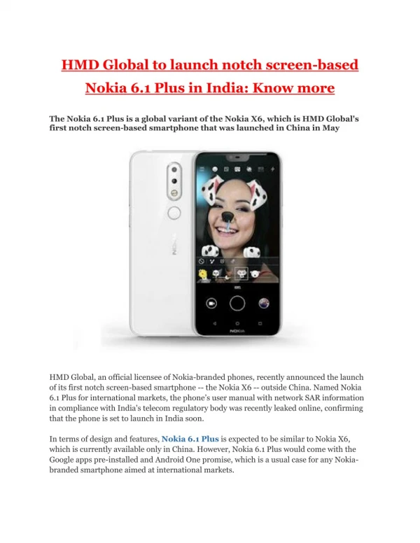 HMD Global to launch notch screen-based Nokia 6.1 Plus in India: Know more