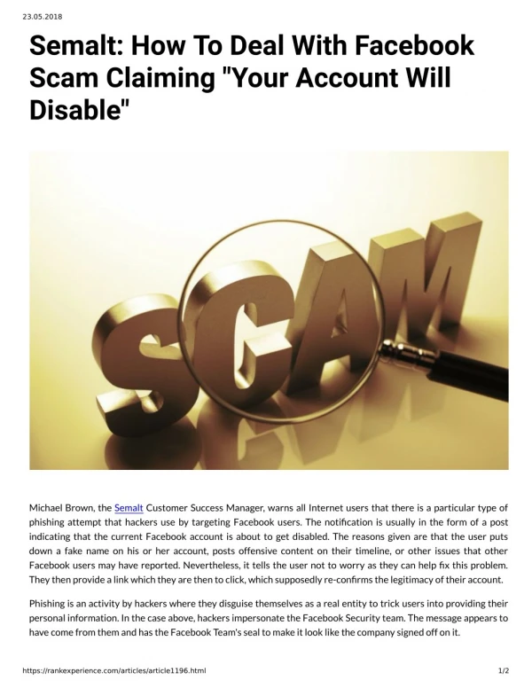 Semalt: How To Deal With Facebook Scam Claiming "Your Account Will Disable"