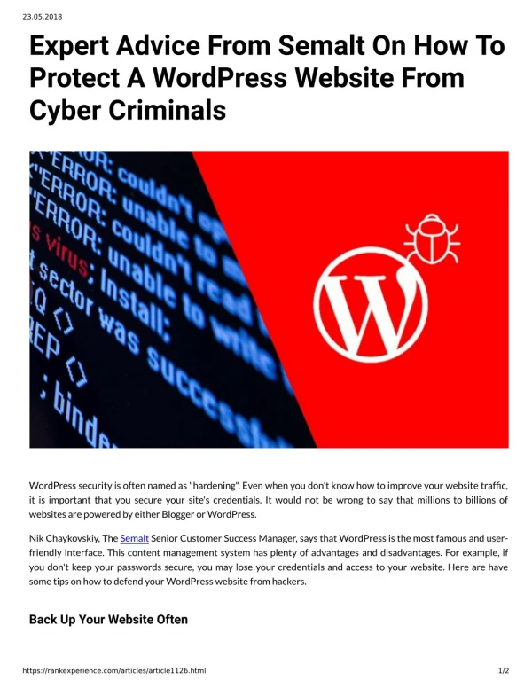 Expert Advice From Semalt On How To Protect A WordPress Website From Cyber Criminals