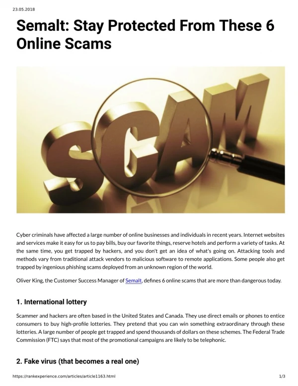 Semalt: Stay Protected From These 6 Online Scams