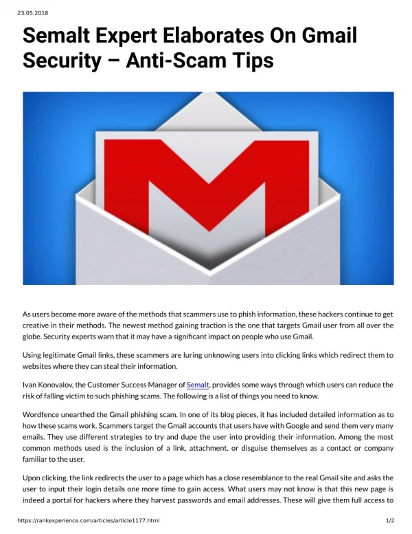 Semalt Expert Elaborates On Gmail Security – Anti-Scam Tips