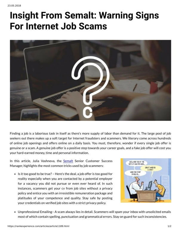 Insight From Semalt: Warning Signs For Internet Job Scams
