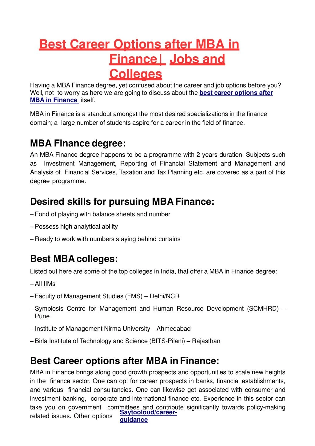best career options after mba in finance jobs and colleges