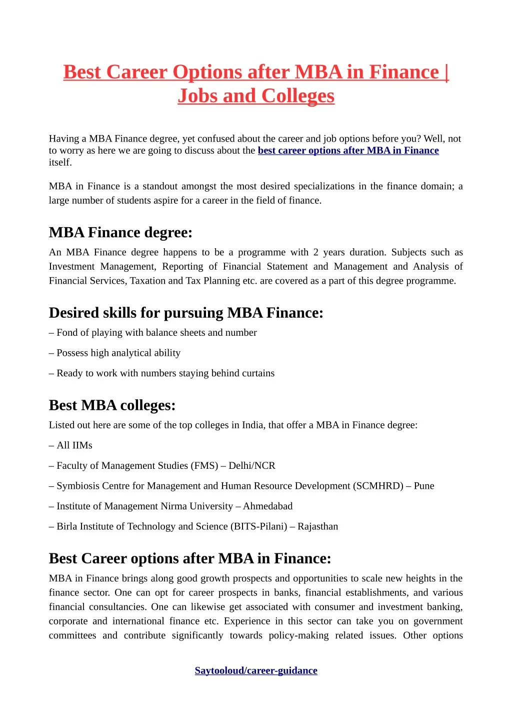 best career options after mba in finance jobs