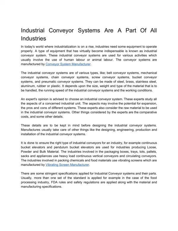 Industrial Conveyor Systems Are A Part Of All Industries