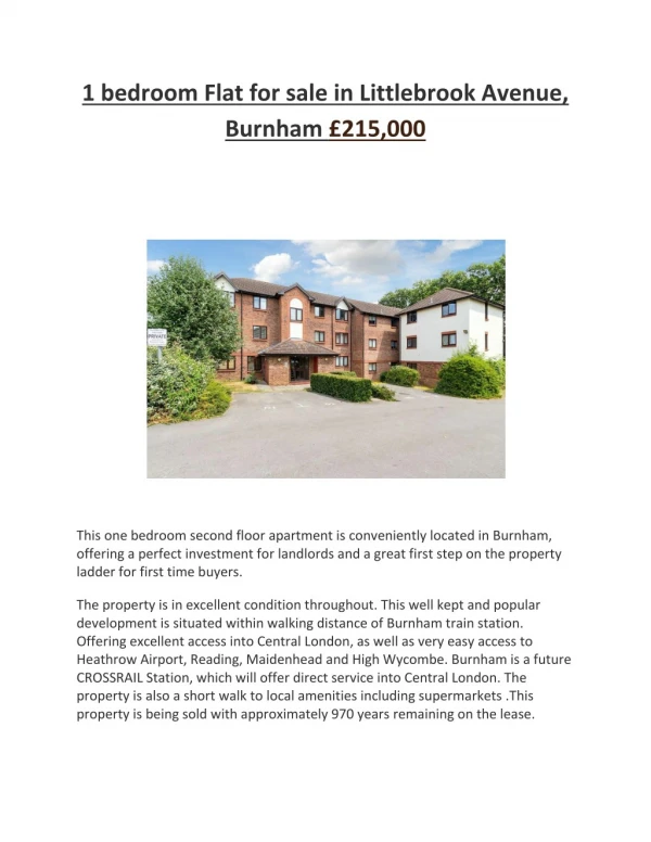 1 bedroom Flat for sale in Littlebrook Avenue, Burnham £215,000