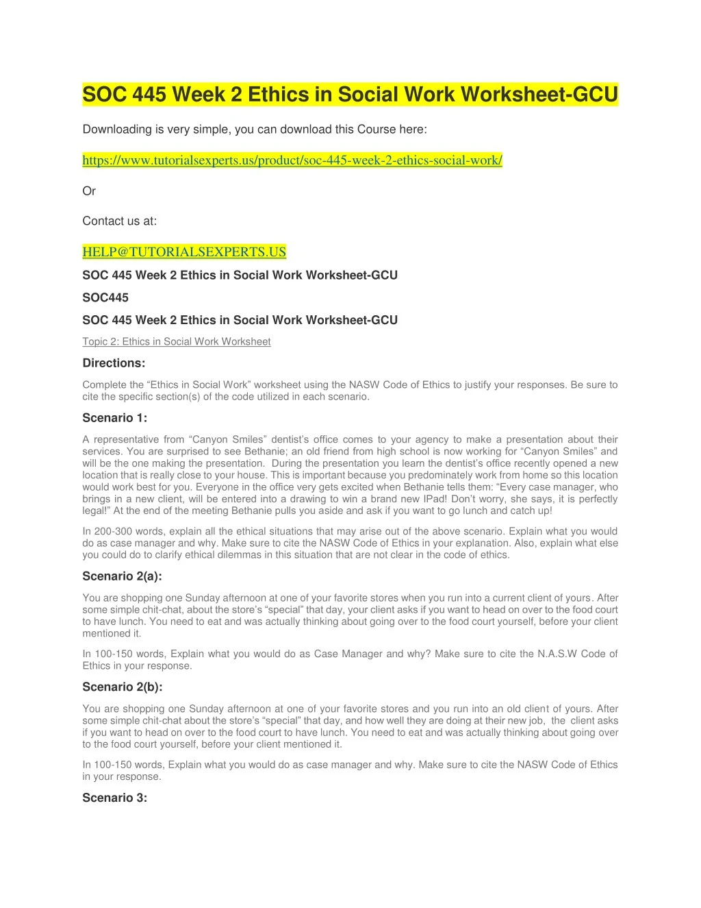 soc 445 week 2 ethics in social work worksheet gcu