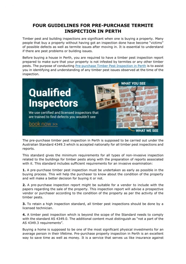 FOUR GUIDELINES FOR PRE-PURCHASE TERMITE INSPECTION IN PERTH
