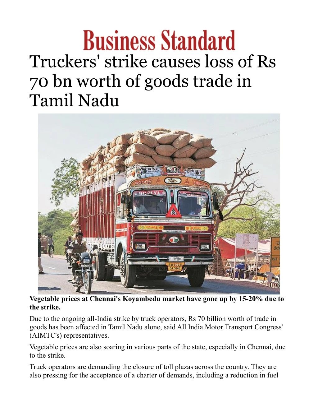 truckers strike causes loss of rs 70 bn worth