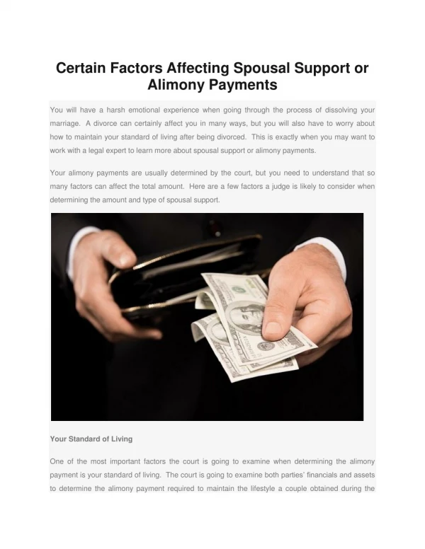 Certain Factors Affecting Spousal Support or Alimony Payments