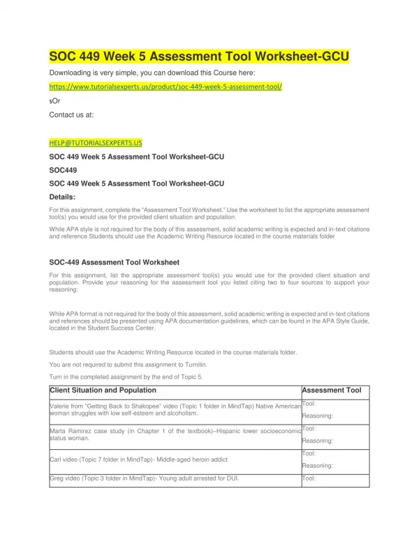 SOC 449 Week 5 Assessment Tool Worksheet-GCU