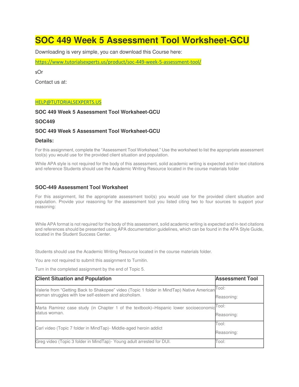 soc 449 week 5 assessment tool worksheet gcu