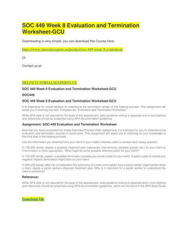 SOC 449 Week 8 Evaluation and Termination Worksheet-GCU