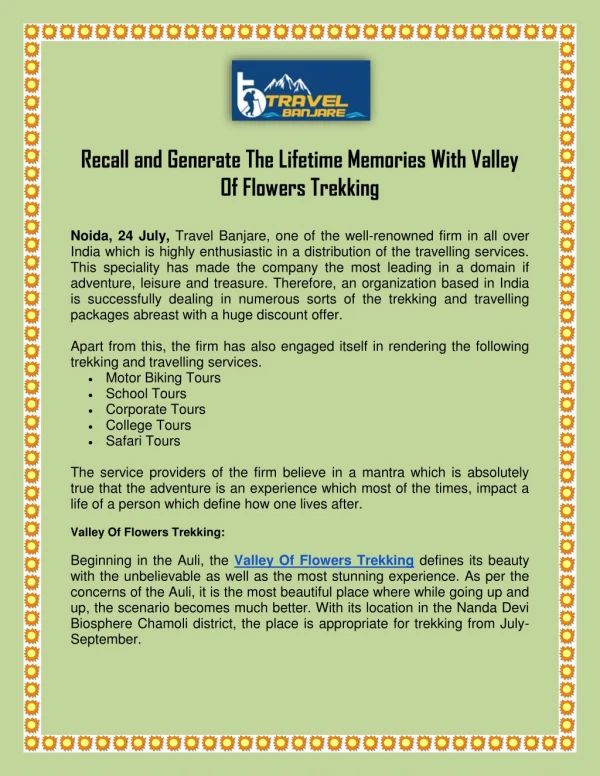 Recall and Generate The Lifetime Memories With Valley Of Flowers Trekking