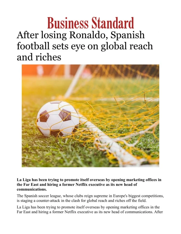 After losing Ronaldo, Spanish football sets eye on global reach and riches