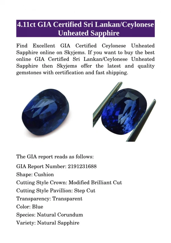 4.11ct GIA Certified Sri Lankan/Ceylonese Unheated Sapphire