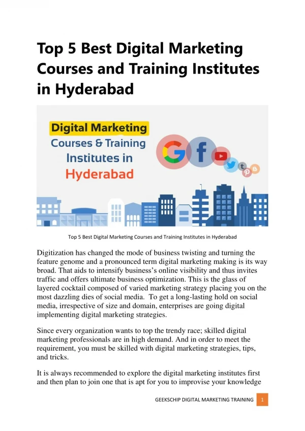 Top 5 Best Digital Marketing Courses and Training Institutes in Hyderabad