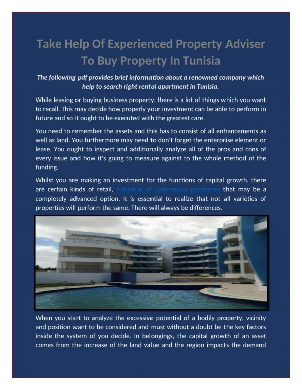 Take Help of Experienced Property Adviser to Buy Property In Tunisia