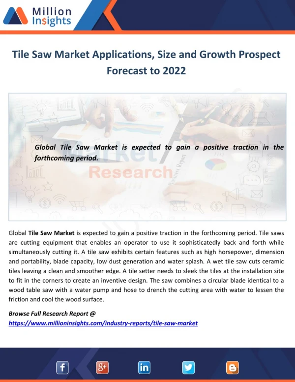 Tile Saw Market Applications, Size and Growth Prospect Forecast to 2022
