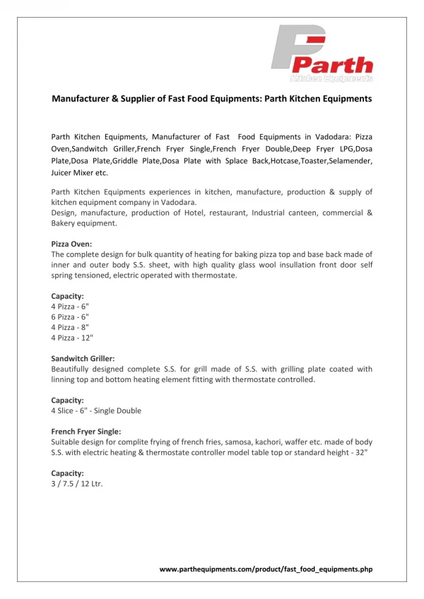 Manufacturer & Supplier of Fast Food Equipments: Parth Kitchen Equipments