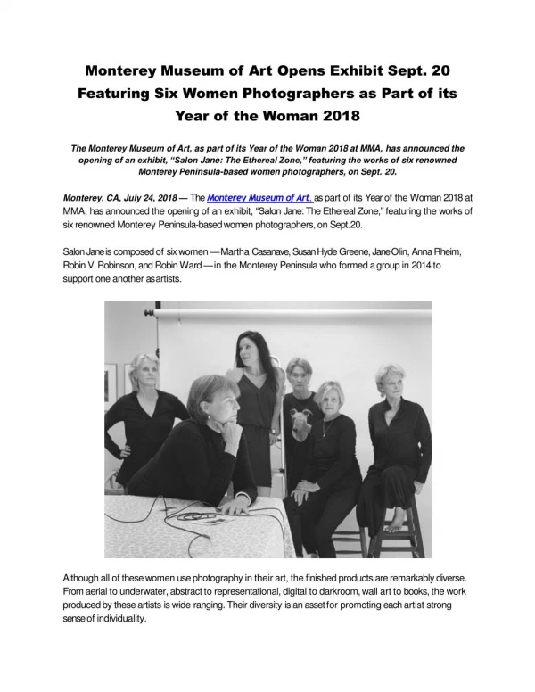 Monterey Museum of Art Opens Exhibit Sept. 20 Featuring Six Women Photographers as Part of its Year of the Woman 2018