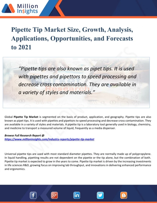 Pipette Tip Market Size, Share, Report, Analysis, Trends & Forecast to 2021