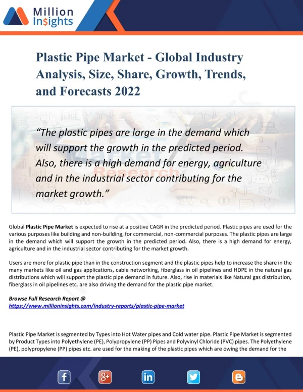 Plastic Pipe Market Outlook 2022: Global Analysis of Huge Profit with Marginal Revenue Forecast