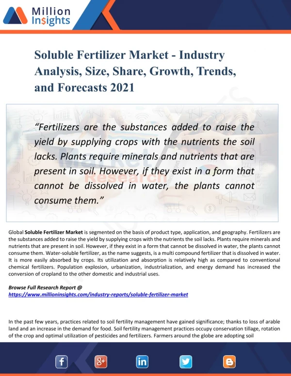 Soluble Fertilizer Market 2021: Analysis By Material, Application & Geography - by Million Insights