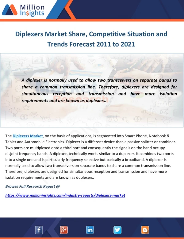 Diplexers Market Share, Competitive Situation and Trends Forecast 2011 to 2021